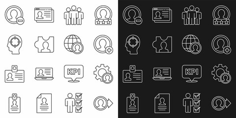 Set line Create account screen, Head hunting, Users group, and Globe and people icon. Vector