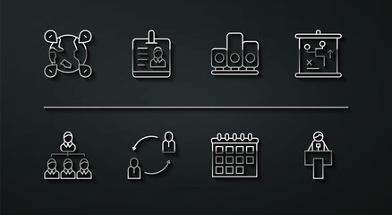 Set line Location on the globe, Hierarchy organogram chart, Planning strategy concept, Calendar, Human resources, Identification badge, Stage stand tribune and Ranking star icon. Vector