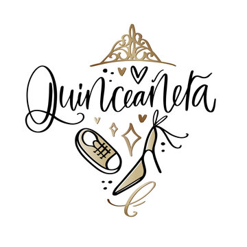 Quinceañera vector design with gold tiara, elegant high heel shoe and sneaker. Modern calligraphy greeting card or banner in Spanish language for 15th Birthday celebration.