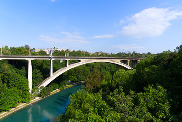 Fototapeta premium Lorraine Railway Viaduct over Aare River at City of Bern on a sunny summer day. Photo taken June 16th, 2022, Bern, Switzerland.