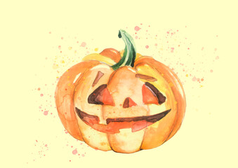 Orange pumpkin watercolor. Pumpkin for Halloween, for a holiday. Night party. Sinister pumpkin. On isolated  background. Watercolor postcard, illustration, logo.Halloween invitation. paint splash 