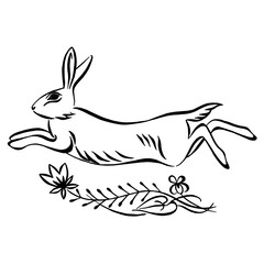 Decorative rabbit. Jumping hare with flowers ornament drawing. Vector black and white rabbit illustration. linear drawing. calligraphy image.