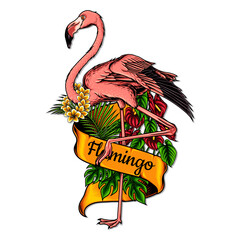 flamingo with ribbon vector illustration