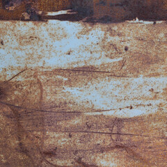 Old light blue painted grey rusty rustic rust iron metal frame background texture, horizontal aged damaged weathered scratched framed plain paint patch plate, grunge pattern copy space macro closeup
