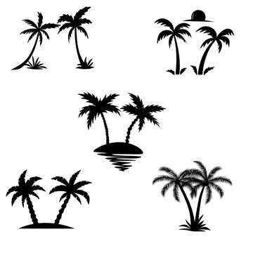Set black palm trees isolated on a white background. Design of palm trees for posters, banners and advertising materials.