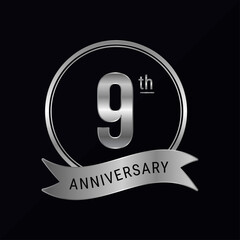 9th anniversary logo silver color for celebration event, wedding, greeting card, invitation, round