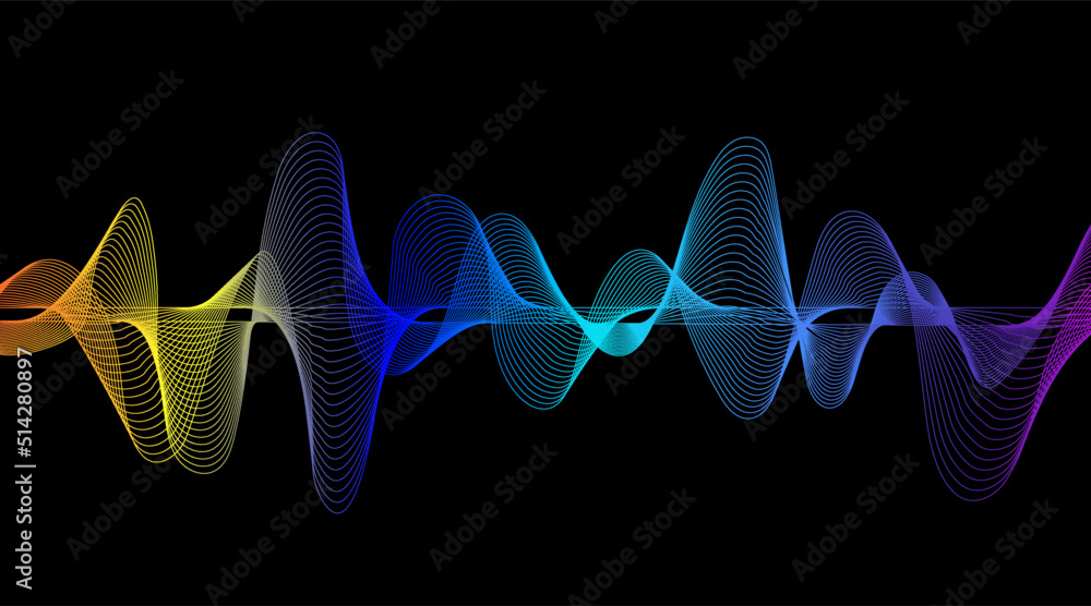Poster abstract glowing wave lines, dynamic flowing colorful light isolated on black background. vector ill