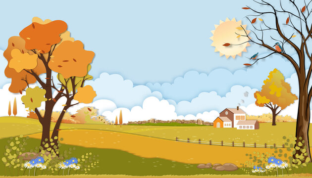 Paper cut Autumn landscape of farm field with cloud, blue sky background,Paper art Mid Autumn in countryside in village with grass land in orange foliage,Vector banner for fall or Autumnal background