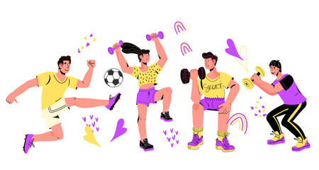 Training and exercising, sport workout and healthy lifestyle, flat vector illustration isolated on white background. Fitness and sports. Active people characters.