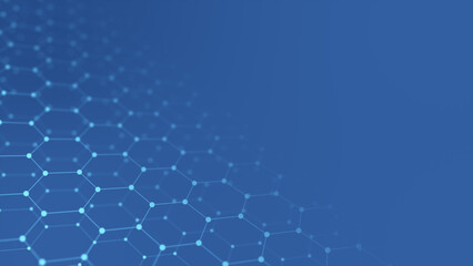 Abstract grid of hexagons on a blue background in the corner of copy space .3d illustration