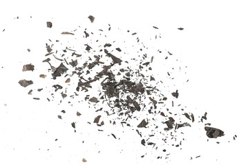 Explosion effect, burned, charred paper scraps, scattered isolated on white texture, top view