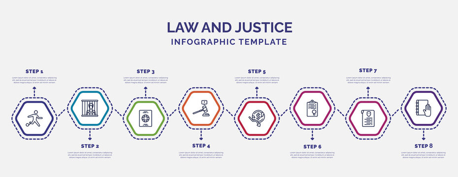 infographic template with icons and 8 options or steps. infographic for law and justice concept. included escape, immigration, ask a lawyer, bankruptcy, policy, criminal record, law and justice