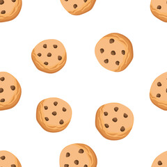 Fototapeta premium Chocolate chip cookies seamless pattern in vector cartoon style. Cookies pattern on white background. Sweet dessert texture.