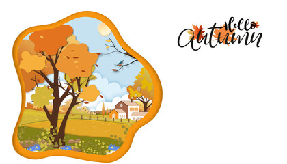 Fototapeta premium Paper cut Autumn card of farm field with cloud, blue sky background,Paper art Mid Autumn in countryside in village with grass land in orange foliage,Vector banner for fall or Autumnal background