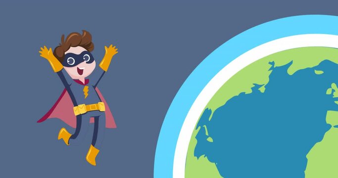 Animation of superhero boy with globe icon on blue background