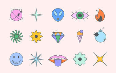 Vector set of colorful fun patches,stickers,geometric shapes in 90s style.Abstract icons or symbols in y2k aesthetic.Trendy kidcore designs for banners,social media marketing,branding,packaging,covers