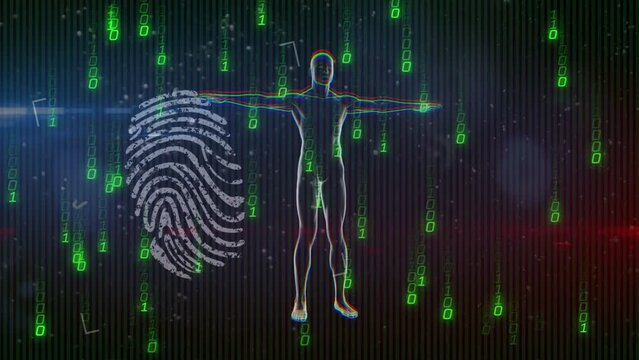 Animation of data processing and fingerprint on black background