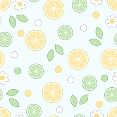 Seamless pattern of lemon and lime slices, flowers, leaves and dots in kawaii style on a blue background.