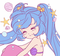 Cute little cartoon mermaid with long hair and fishtail.