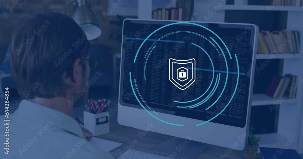 Poster animation of padlock icon over caucasian businessman using computer in office