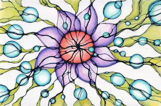 Neuro graphic art concept circle bubble magic flower pencil drawning