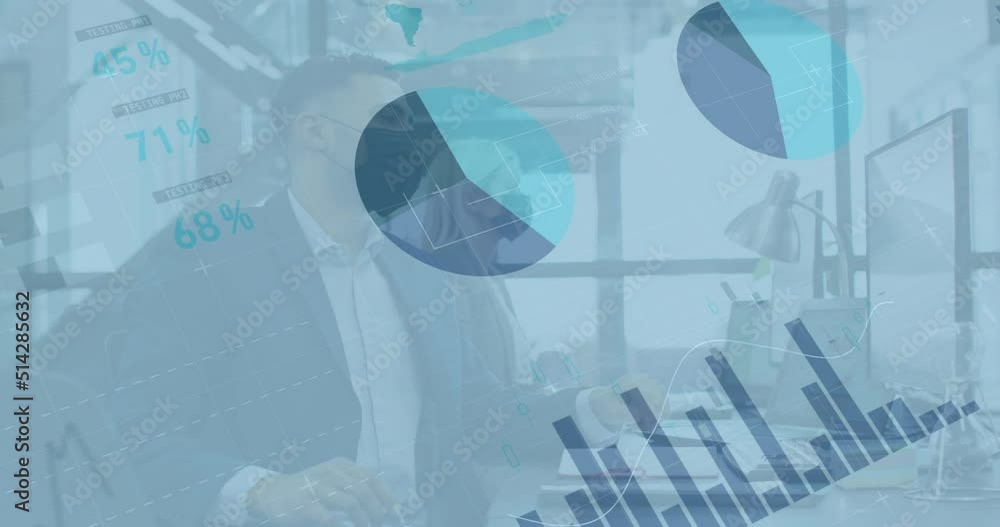 Poster animation of data processing over diverse business people with face masks in office