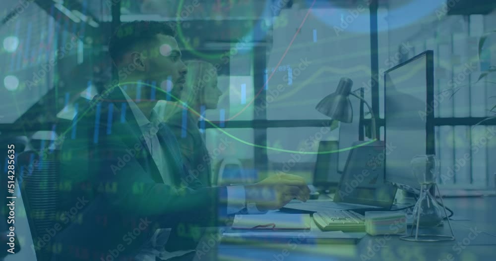 Poster animation of data processing over diverse business people using computers in office