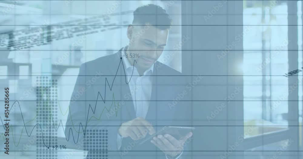 Poster animation of data processing over biracial businessman using tablet in office