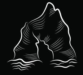 hand drawn illustration of scales, chalk mountain in the sea isolated on dark background. Concept for logo, print, label
