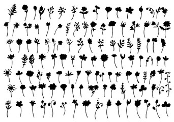 a set of silhouettes of twigs with leaves and flowers. hand-drawn in doodle style large collection of twigs and flowers with leaves dots curls black silhouettes on white for a natural design template