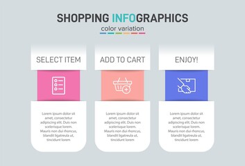 Concept of shopping process with 3 successive steps. Three colorful graphic elements. Timeline design for brochure, presentation, web site. Infographic design layout.