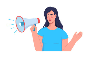 Young woman telling something in loudspeaker cartoon character vector illustration