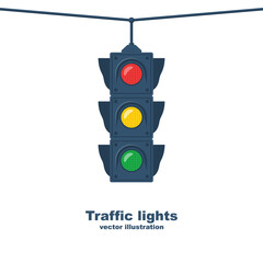 Traffic lights. Template for your design. Banner, place for text. Vector illustration flat design. Isolated on white background. Red green and yellow. Three colors for regulating traffic on the road.