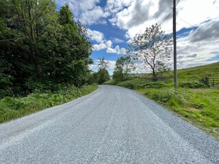 Looking along, Goat Lane, with trees, wild plants, and fields, on a cloudy day in, Stainforth, Settle, UK