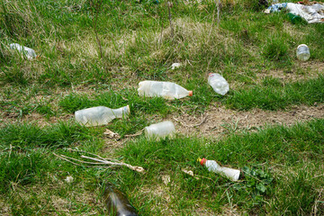 A pile of rubbish in a clearing in the countryside on a spring day. Concept of ecology.