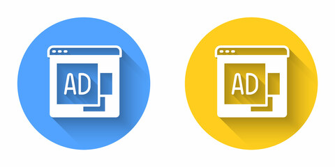 White Advertising icon isolated with long shadow background. Concept of marketing and promotion process. Responsive ads. Social media advertising. Circle button. Vector