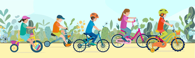 Fototapeta premium Set of flat happy kids on bicycles on a park road with flowers and leaves. Children riding colorful bikes outdoor sport in natural summer landscape by pathway track through green. Vector illustration.