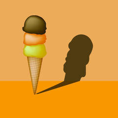Vector illustration of ice cream in a waffle cone. Image with brown, orange and green colors with shadow in the background