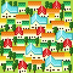 Village pixel art. Vector illustration.