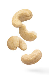 Flying delicious cashew nuts, isolated on white background