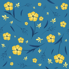 Blue vector seamless pattern with yellow flowers