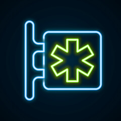 Glowing neon line Medical symbol of the Emergency - Star of Life icon isolated on black background. Colorful outline concept. Vector