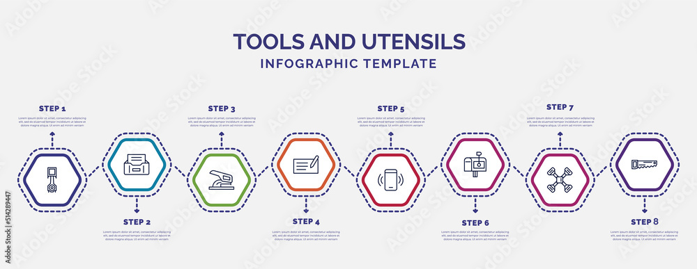 Aufkleber infographic template with icons and 8 options or steps. infographic for tools and utensils concept. 