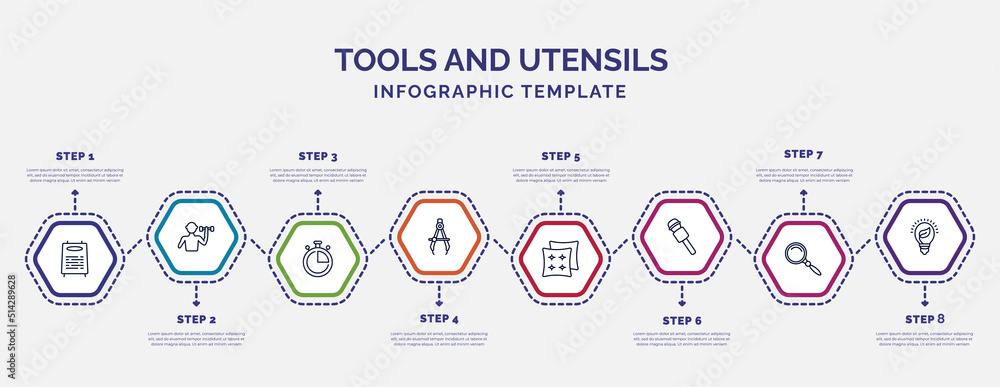 Aufkleber infographic template with icons and 8 options or steps. infographic for tools and utensils concept. 
