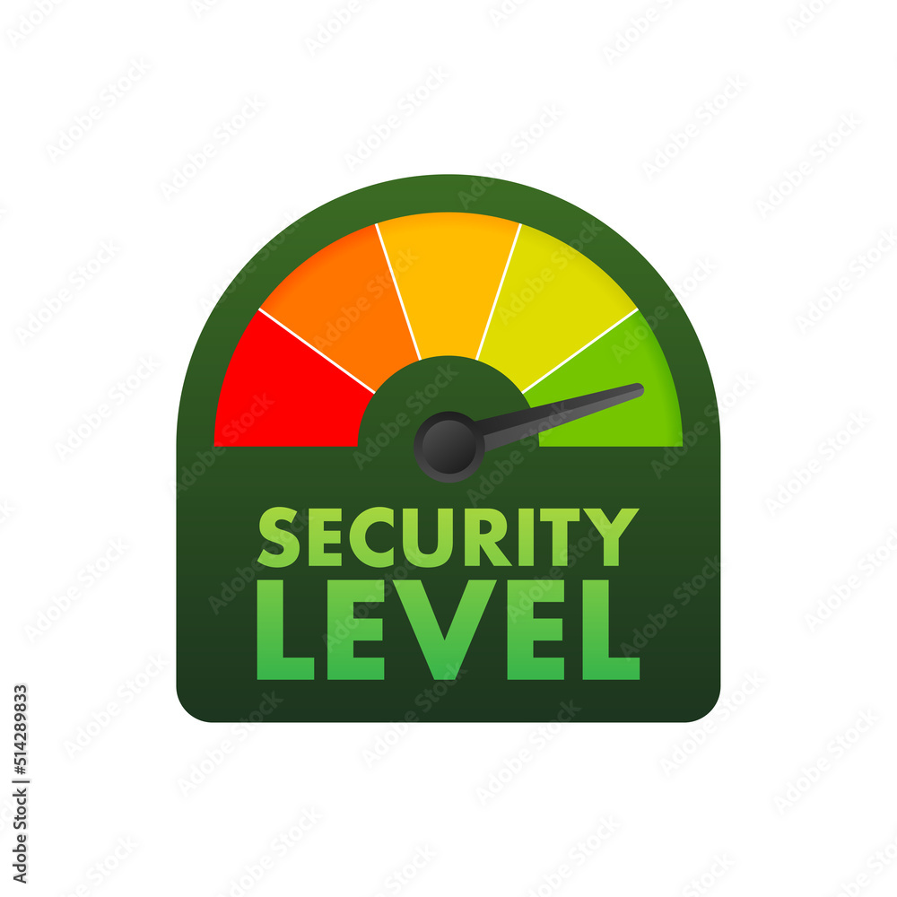 Poster security level speedometer. cyber safety concept. internet network security. vector stock illustrati