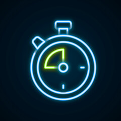 Glowing neon line Stopwatch icon isolated on black background. Time timer sign. Chronometer sign. Colorful outline concept. Vector