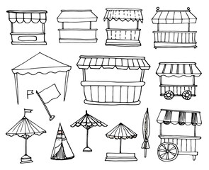 A set of awnings, outdoor umbrellas and small outdoor mobile kiosks, a wooden counter, hand-drawn in sketch style, isolated black outline on white for a design template - obrazy, fototapety, plakaty