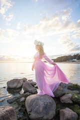 Romantic attractive woman on sea, fashion beauty portrait