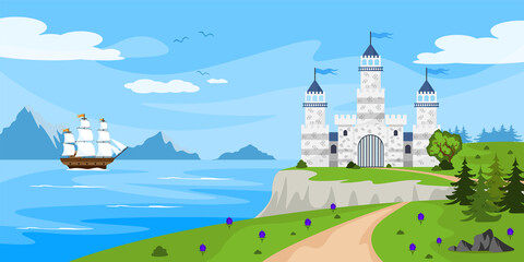 Naklejka premium Vector illustration of a beautiful castle. Cartoon landscape by the sea with white castle, ship, mountains in the background. The princess lives in the castle.