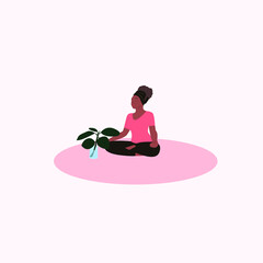 Fototapeta na wymiar RELAX. MEDITATION. Love yourself. Mental health concept. Meditation. Healthcare. Inner harmony with yourself. Take time for your self. Vector illustration. Girl meditating on white background